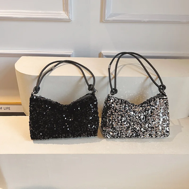 New Textured Casual Foreign Sequined Shoulder Bag Personalized Ins Simple Messenger Large-capacity Baguette Bag