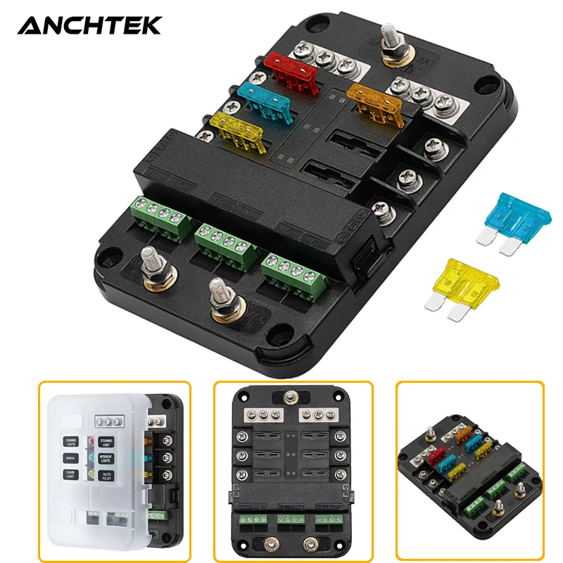 

Anchtek Car Boat Fuse Box Holder 6 Ways ACC Control Blade Warning Indicator 12V Power Distribution Panel Board Cover