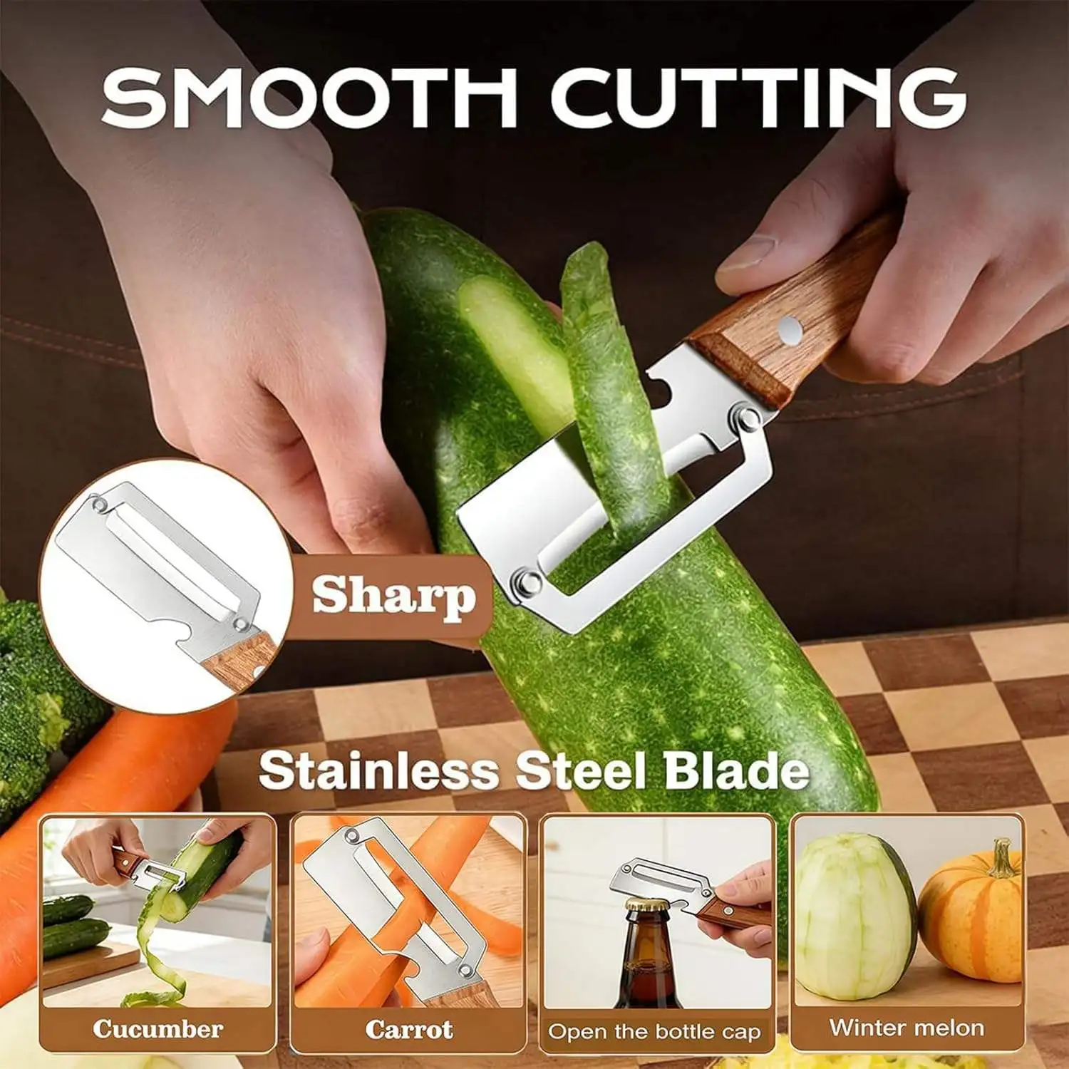 Multi-functional Wooden Handle Peeler Stainless Steel Blade 3-in-1 Fruit Vegetable Peeler Slicer Cutter with Bottle Opener