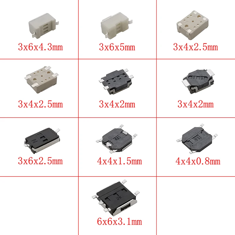 250Pcs/box Mini Momentary Tactile Push Button Switch 2/4 Pin 3x4mm 3x6mm 4x4mm 6x6mm SMD Tactile Tact Key Switch Assortment Kit