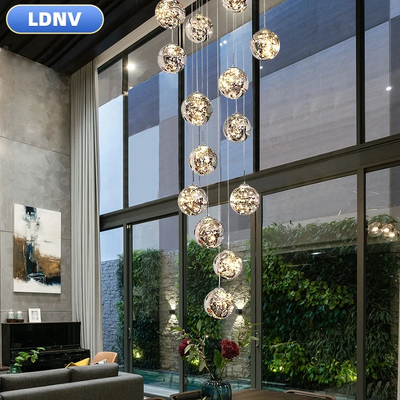 Chandelier Modern LED Glass Ball Lampshade Ceiling Chandelier Stairs duplex Villa Loft Living Room Lamp Chandelier