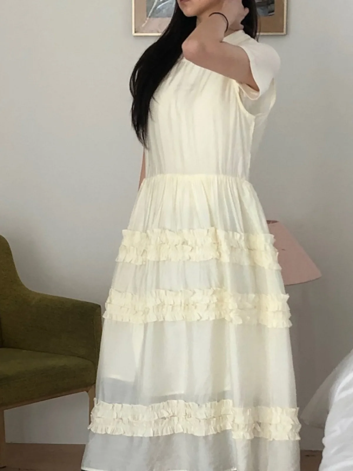 Vestido Estilo Coreano em A para Mulheres, Moda de Primavera, Design em Camadas, Saia Longa inada, Confortável, Cintura Elá...