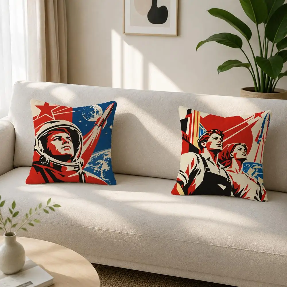Retro Propaganda Poster Style Vintage Soviet Print Soft Plushs Fluffy Throw Pillow Cases for Sofa Bedroom Home Decor