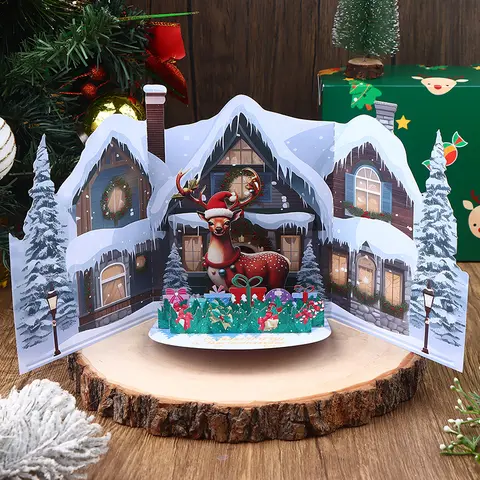 1PC 3D Christmas Card With Snowy Winter House And ELK Design Envelope Included Festive Greeting For Family Friends