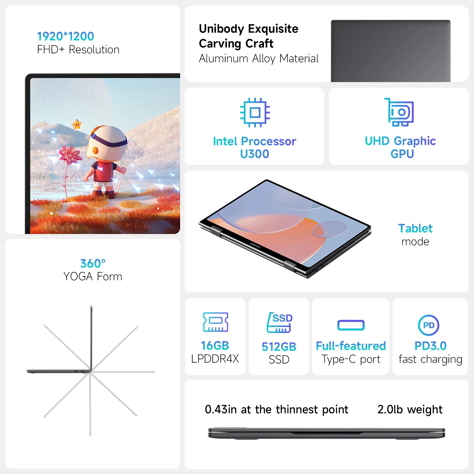 CHUWI MiniBook X 2-in-1 Laptop Tablet Intel U300 CPU 10.51' FHD IPS Screen 16GB LPDDR4 512G SSD Windows 11 Notebook PC WIFI 6