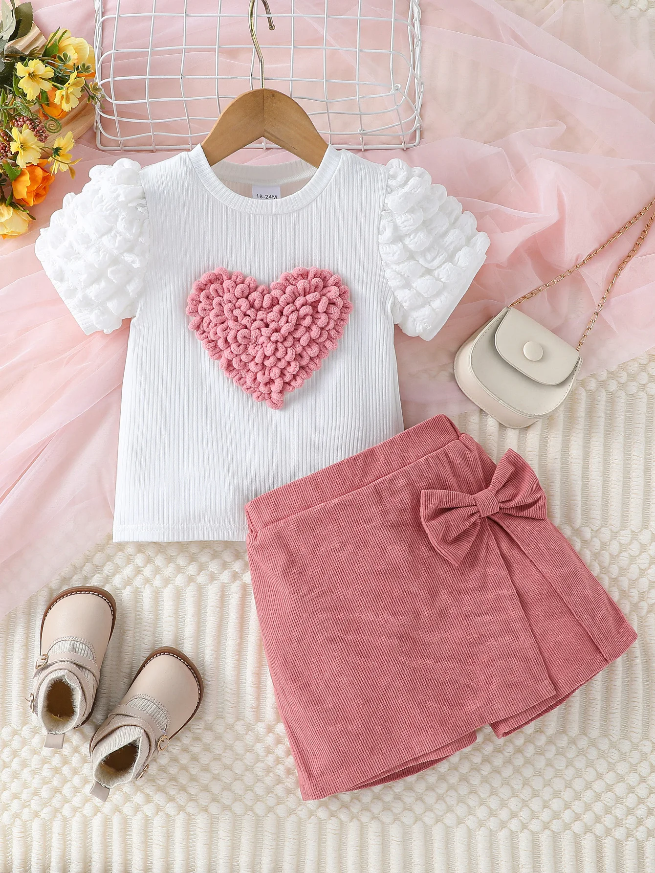 Toddler Girl Summer Fashion Casual Clothes Top With Heart Puff Sleeve &Pink Short Pant With Bow Active Clothing Set For 1-6Y