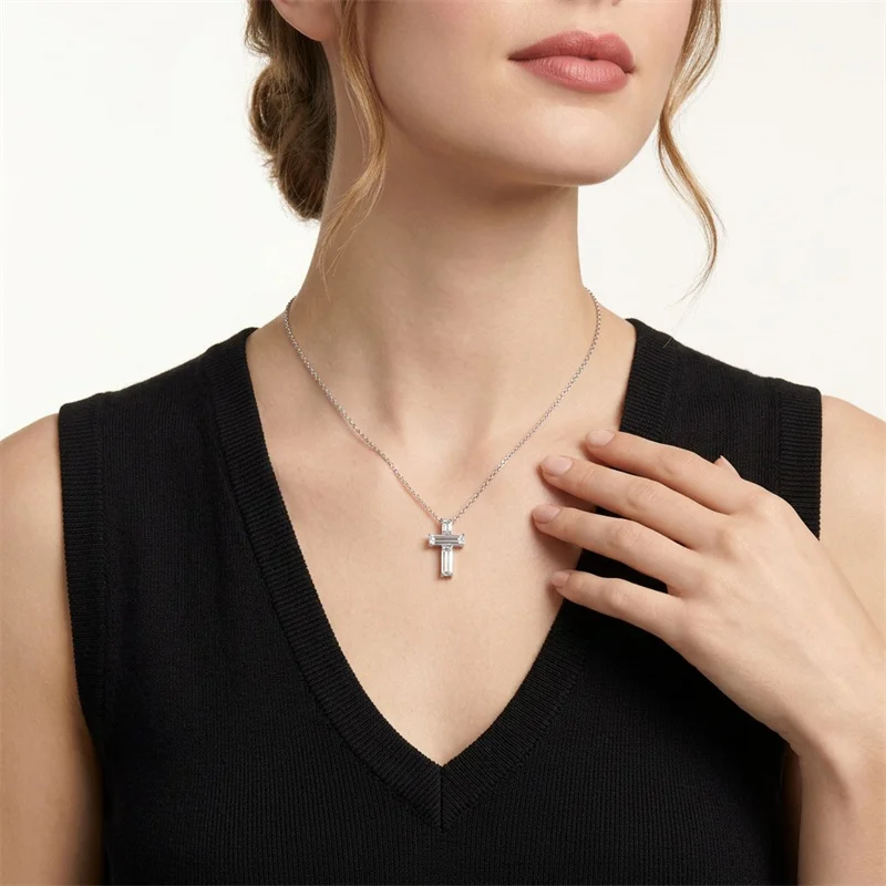 ZFSILVER Fashion Trendy Classic s925 Silver Moissanite Design Cross Necklace Charms Women Accessories Jewelry Party Gifts N18196