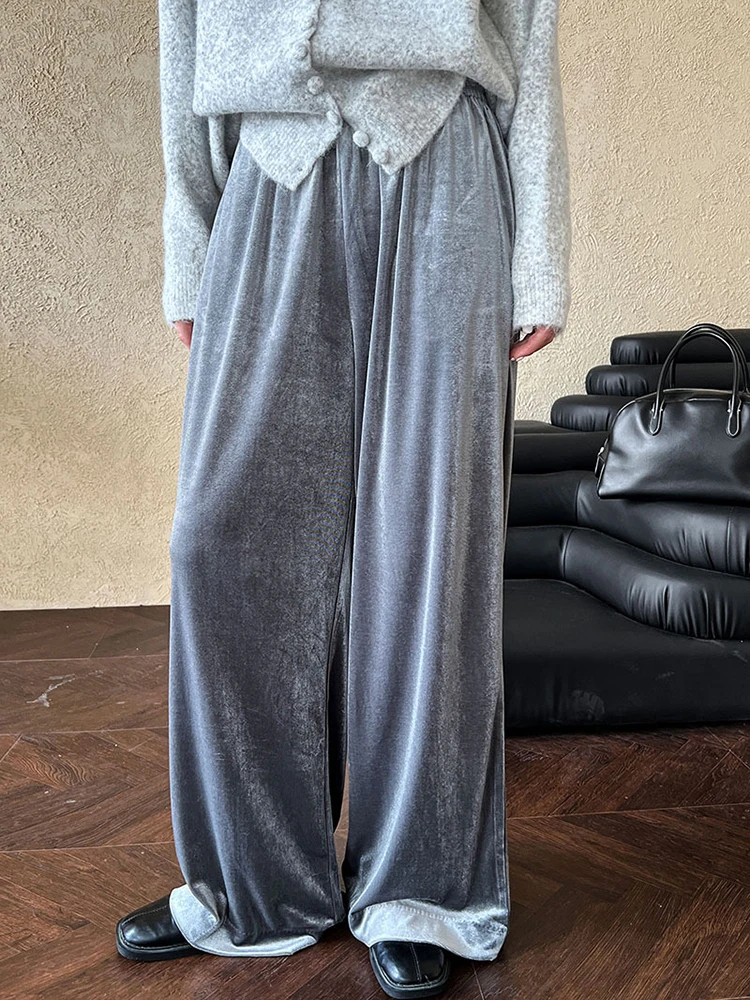 [EAM] High Elastic Waist Gray Velvet Soft Wide Leg Long Pants New Trousers Women Fashion Tide Spring Autumn 2024   1DH7706