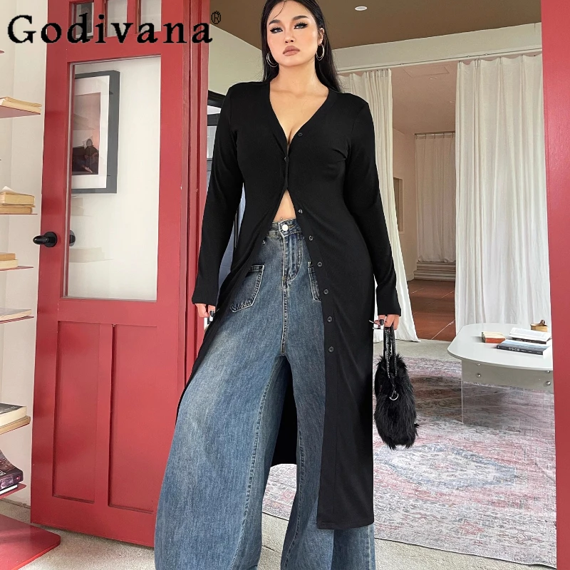 

Girl Large Size Black Spring Autumn Slim Leisure Long Temperament Cardigan New Elegant V-neck Solid Color Versatile Street Coat