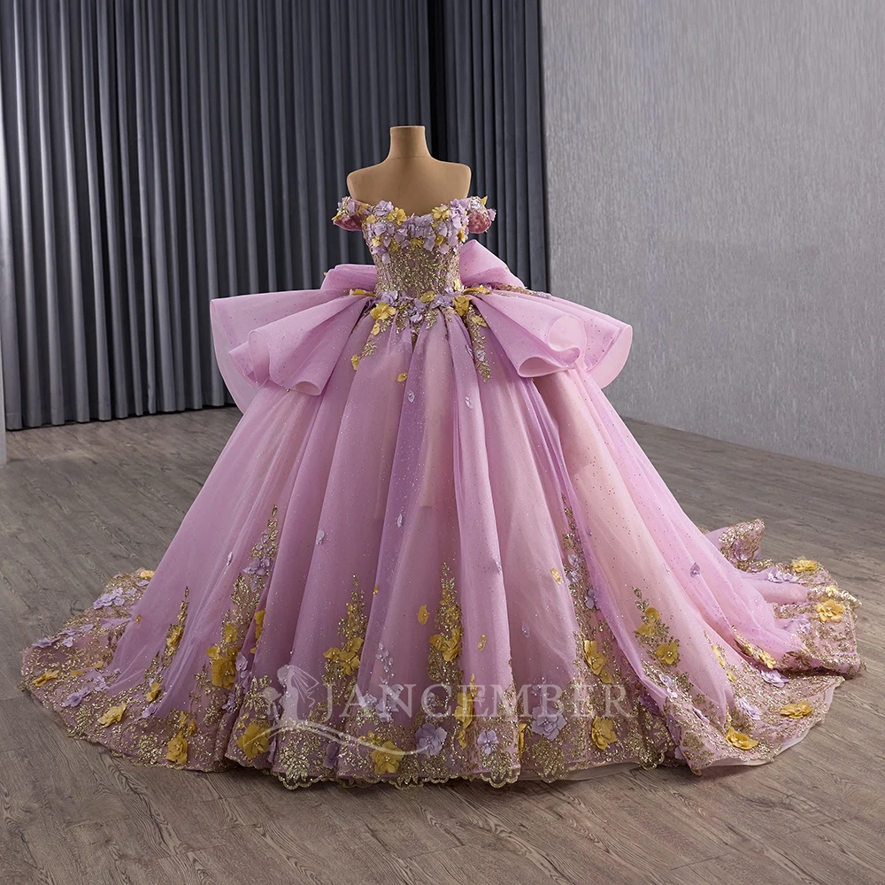 Fashionable Royal Train 15 Quinceanera Ball With Bow Gown Off the Shoulder Organza Applique Vestidos De Graduaction Customized