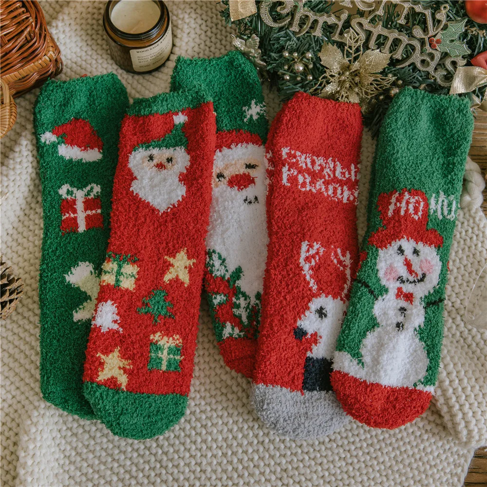 New Christmas Socks Coral Fleece Winter Plush Thickened Warm Confinement Floor Socks Men and Women Couple Socks Sleep Socks Gift