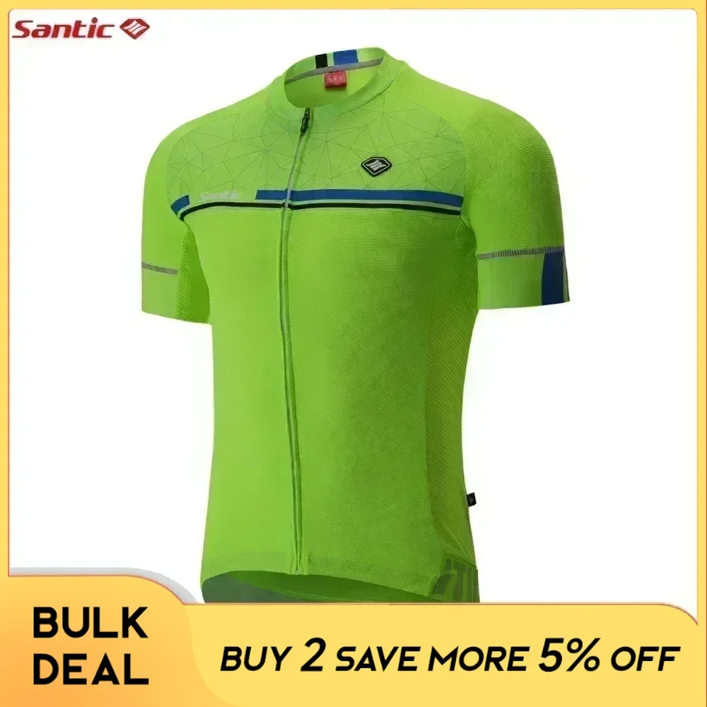 Santic Men's Cycling Jersey Short Sleeve MTB Bike Shirts Reflective Quick-Dry Breathable Mesh Summer Bicycle Tops Asian Size