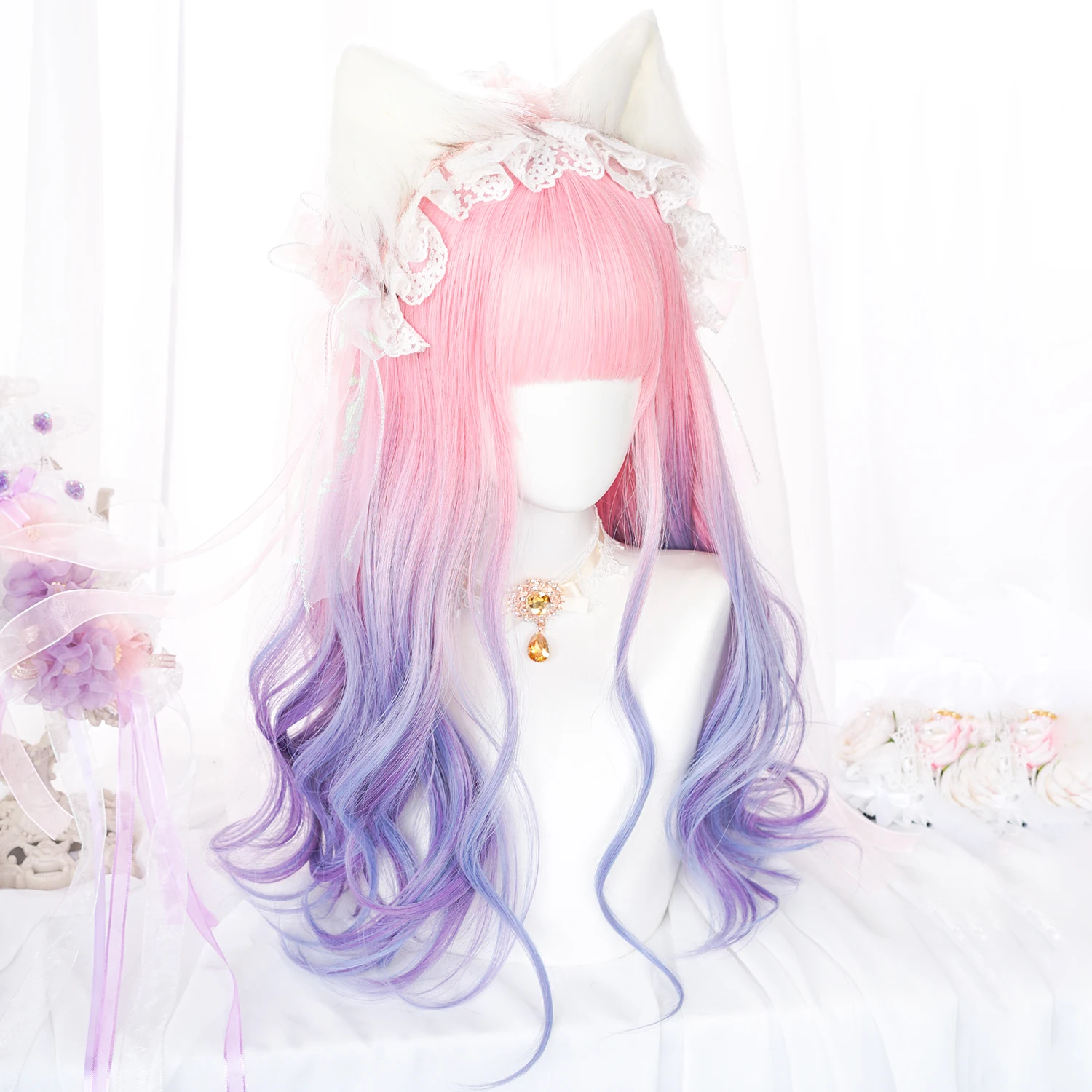 HANEROU-Perucas cosplay sintéticas para mulheres, ombre, rosa e roxo, perucas lolita com estrondo, festa diária, resistente ao calor