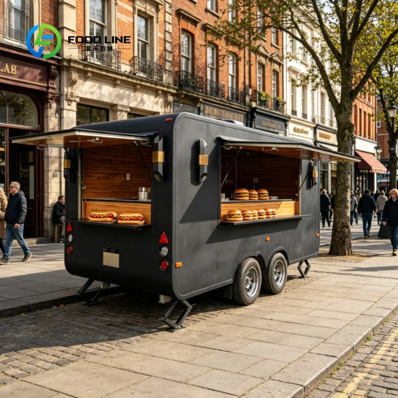 Black Double Axle Food Trailer, Multifunctional Customized Cart for Street Burger Boba Tea Fresh Juice Coffee Smoothie Goods