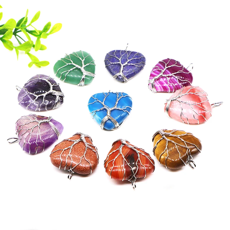 

Natural Healing Crystals Stone Gemstone Handmade Tree of Life Steel Wire Winding Heart Pendant For Diy Jewelry Making Necklace