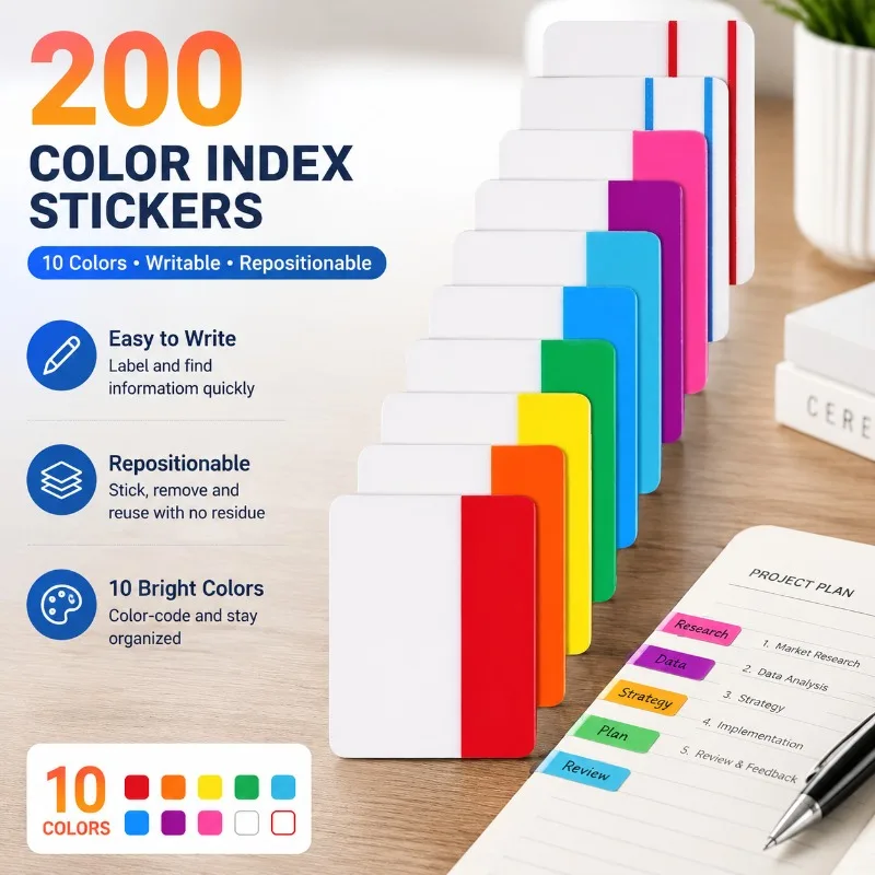 200 autocollants d'indexation autocollants colorés, 10 couleurs, marque-pages inscriptibles et repositionnables pour l'organisation de documents, autocollants en papier