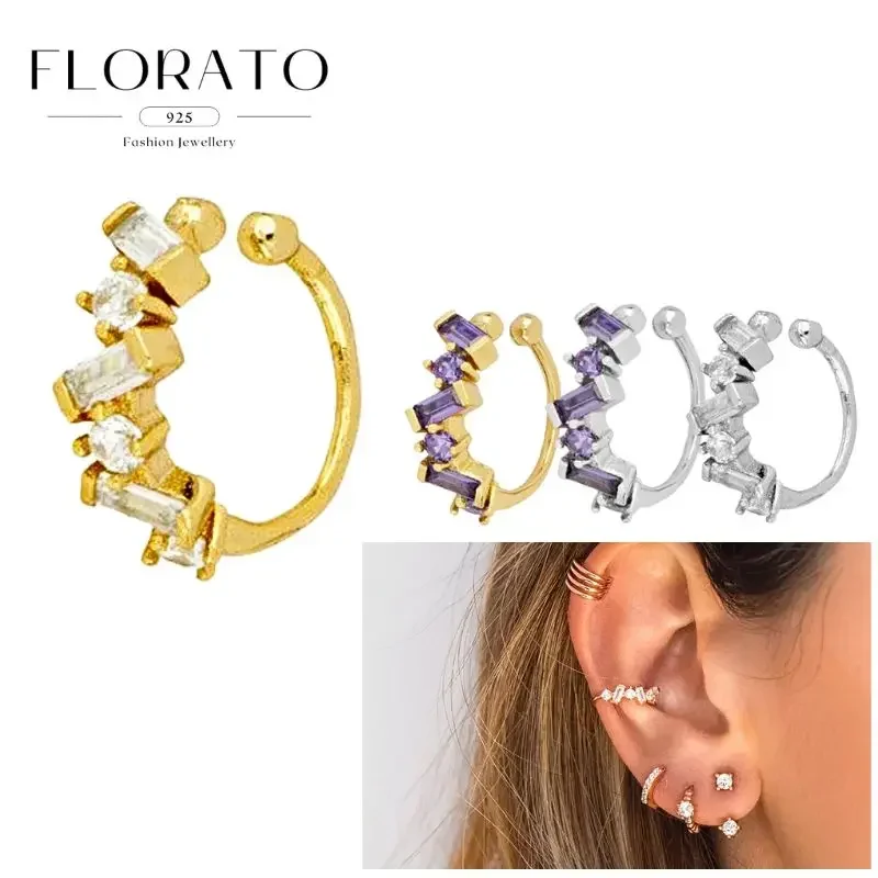 925/18K pozłacane srebrne klipsy do uszu dla kobiet Dainty Baguette Round Zircon CZ Conch Ear Cuff Earrings Fashion Trend Biżuteria