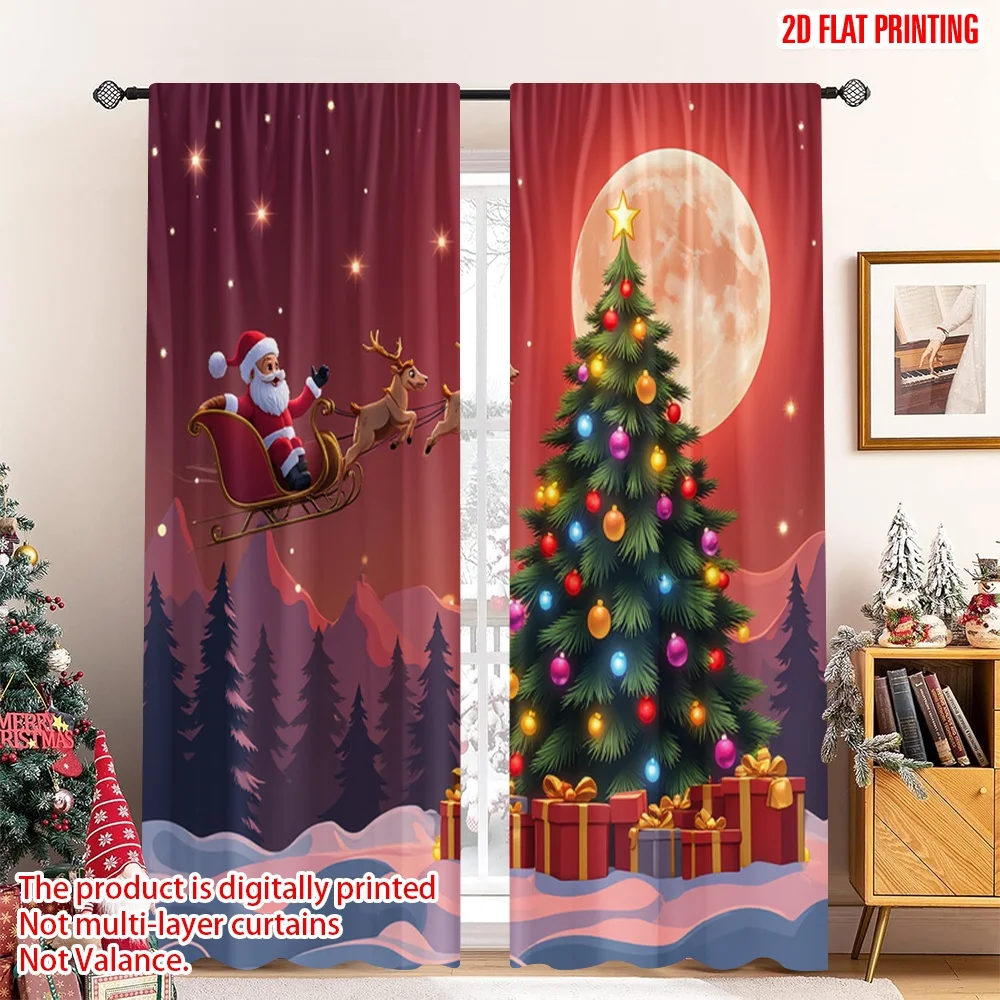 

2pcs 2D flat printing Merry Christmas Scene Curtains Christmas Tree Santa Moon Fabric Without Electricity 0 Use for Home Decor