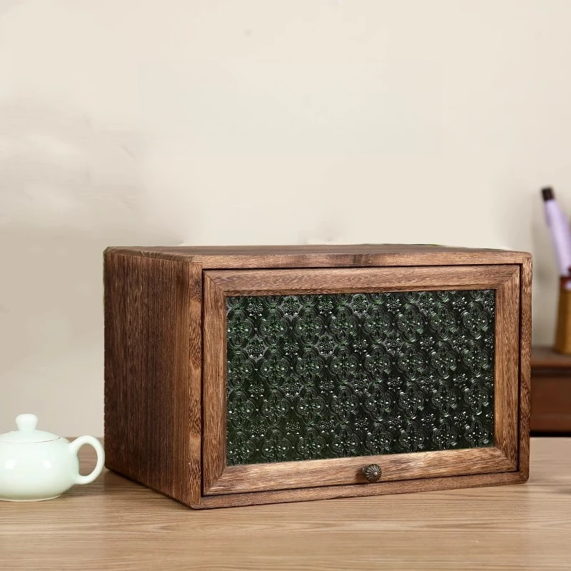 

Solid wood desktop lattice cabinet free combination storage cabinet, glass door retro flat push type