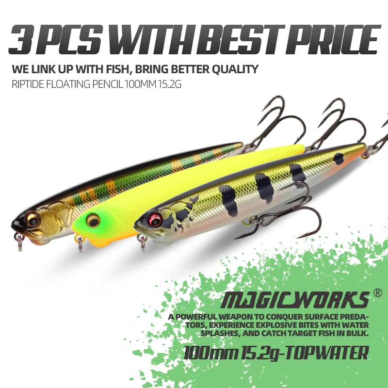 

Magic Works 3pcs/Set With Best Price 100mm 15.2g Fishing Lure Pencil Walk the Dog Topwater Hard Baits Floating Wobblers Lures