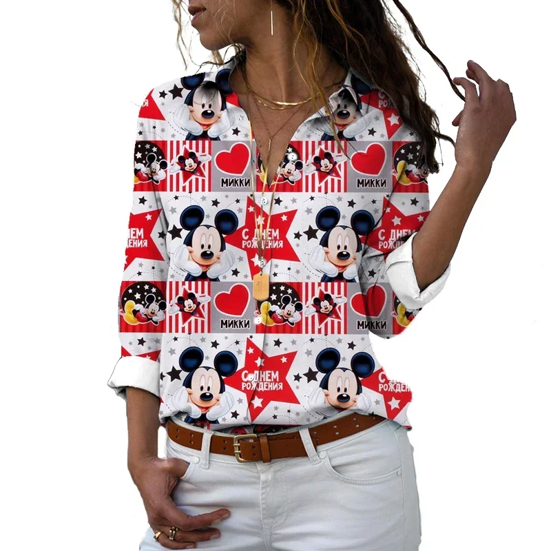 New 2024 Disney Harajuku Slim Fit 3D Printed Women Button Long Sleeve Lapel Mickey Minnie Donald Duck Casual Cute Shirt y2k