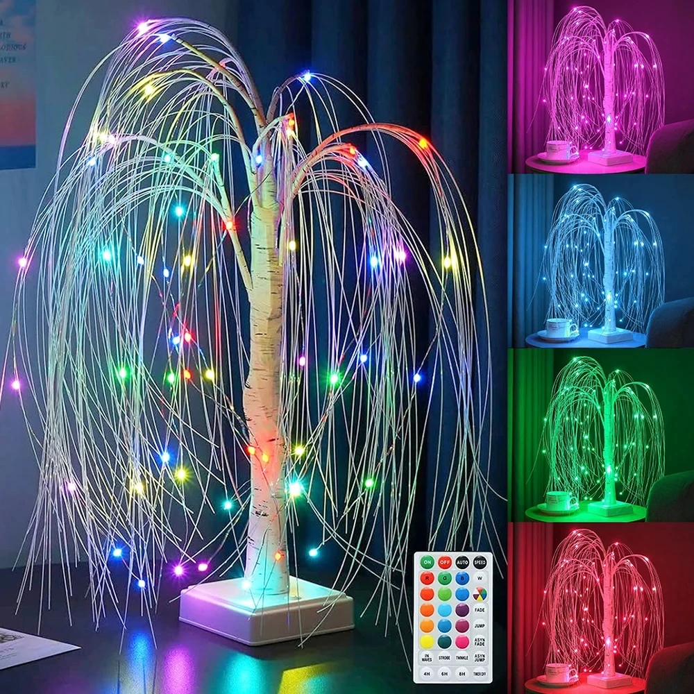 RGB LED Willow Mini Christmas Tree Night Light 60LEDs Touch Control 8Modes Fairy Night Lamp For Bedroom Wedding Party Decoration