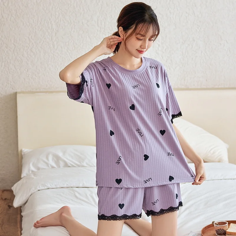 

Women Pajamas Sets 2 Pieces Print Pijama Modal O-Neck Pyjama Female Sleepwear Short Sleeve Top Shorts Suits Homewear Nightwear