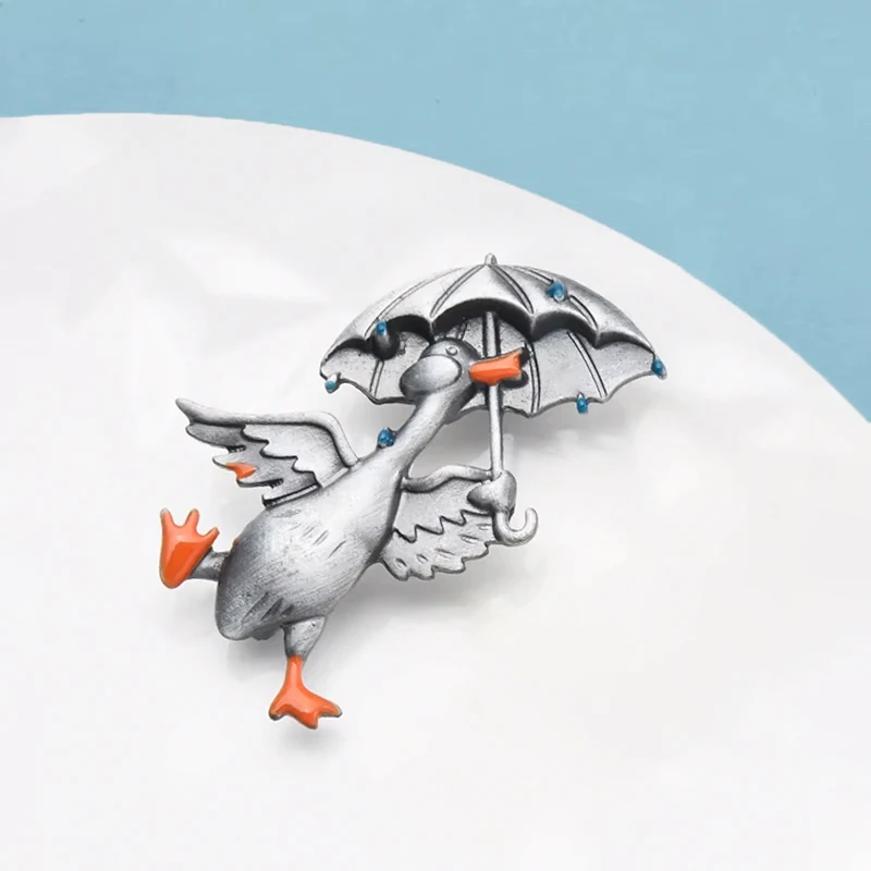 Wuli&baby Vintage Taking Umbrella Duck Brooches For Women Unisex 2-color Happy Walking Duck Animal Party Casual Brooch Pin Gifts - view 6