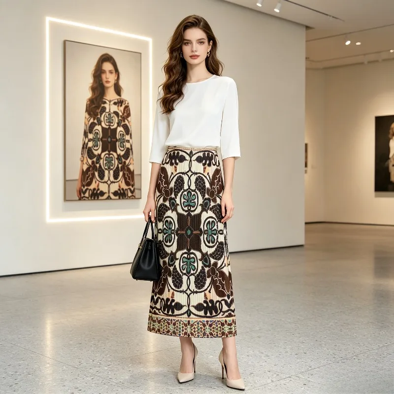 Miyake Pleated Skirt New Summer 2026 Design Sense Niche Stylish Elegant Vintage Print Fashion Pleated Coffee Apricot Color Pleat