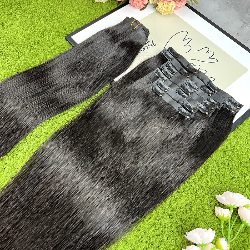 Straight Clip Ins Extensions 100% Human Hair 200 Grams/7Pcs/Bundle #1B Natural Black Color 18-24 Inch Full PU Weft Clips Hair
