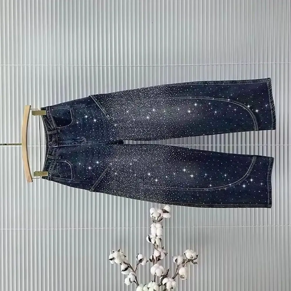 

Spring Autumn American Heavy Industry Jeans Female New High Waist Cowboy Pants Women Big Pockets Wide-leg Denim Trousers Lady