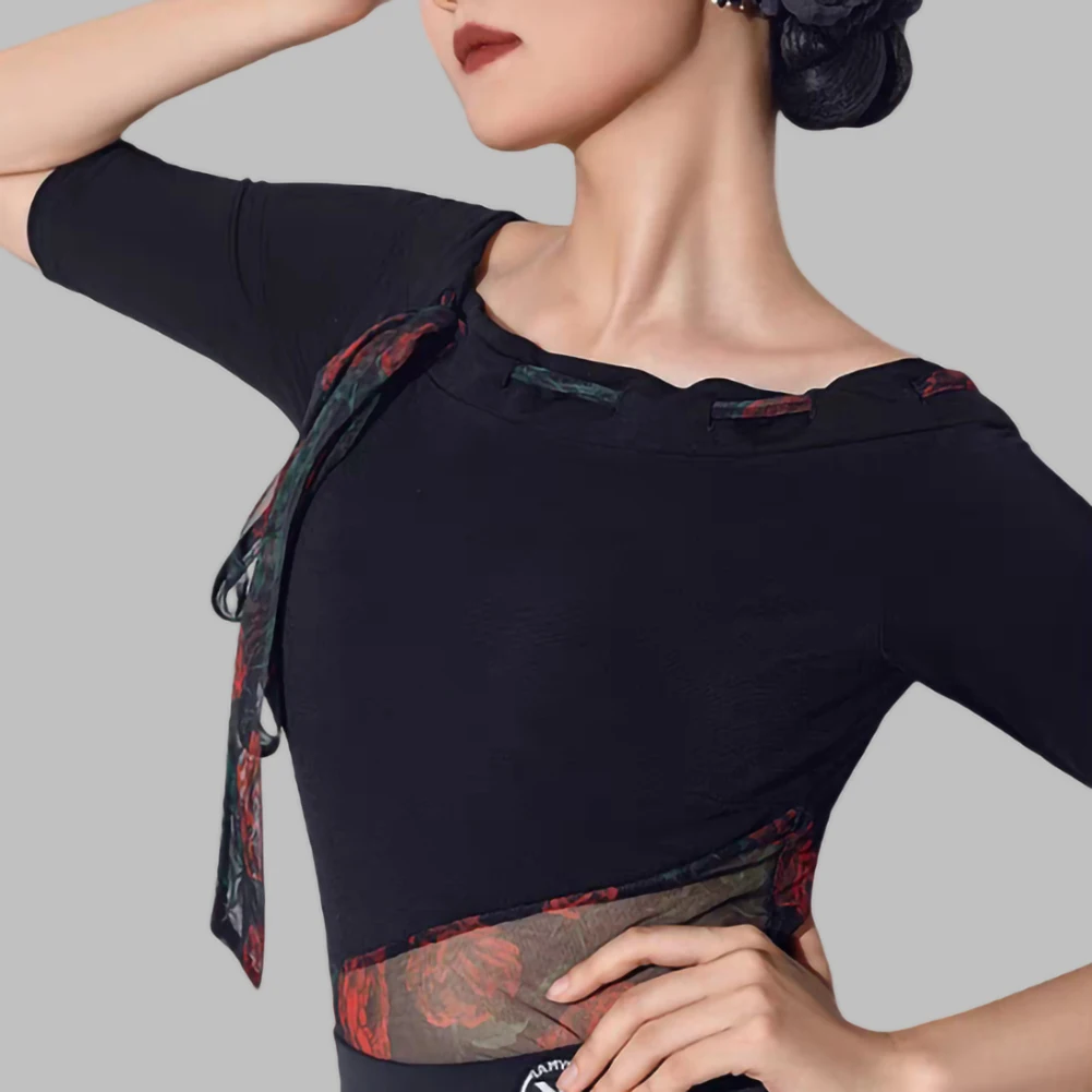 ممارسة الملابس القياسية الرقص المنافسة دعوى تنورة قاعة الرقص ارتفع Crewneck المرأة المرحلة الكل في واحد دعوى منتصف الأكمام الفالس