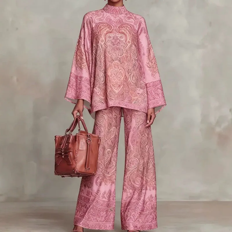 Women Flare Sleeve Printed 2 Piece Sets Stand Collar Loose Blouse High Waist Wide Leg Pants Suit Boho Solid Resort Casual Outfit image 4