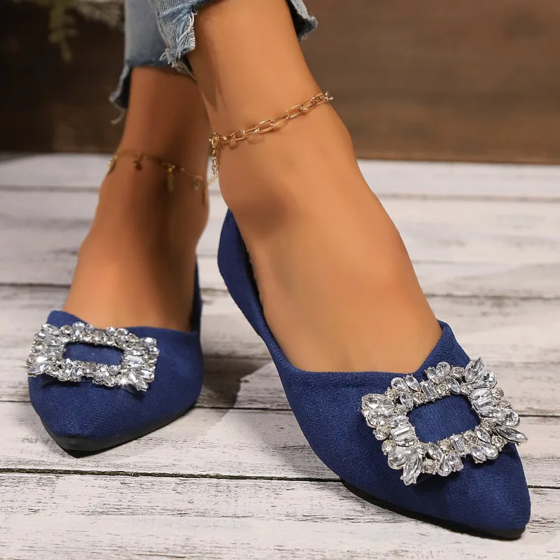 Sapatos femininos decorados com strass, sapatos baixos, dedo apontado, boca rasa, leve, confortável, cor sólida, alta qualidade