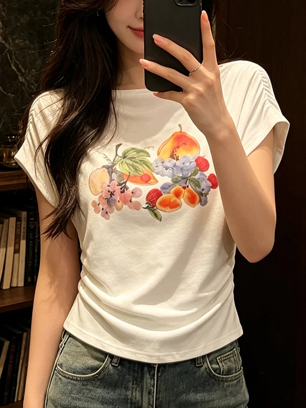 

plus Size Korean Style Printed Casual Women's T-Shirt Waist-Cinching Versatile Summer New Fashion Design Top