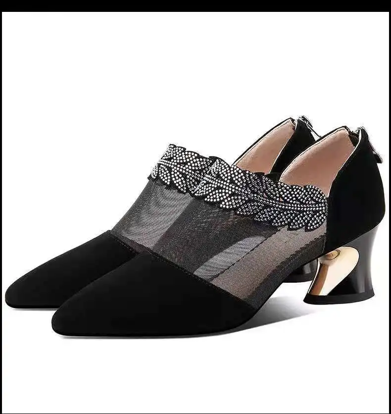 2024 New Summer Pointed Toe Elegant Women Dress Shoes Black Lace Rhinestone Slip-on Mesh Sandals Medium Heel Zipper Ladies Pumps