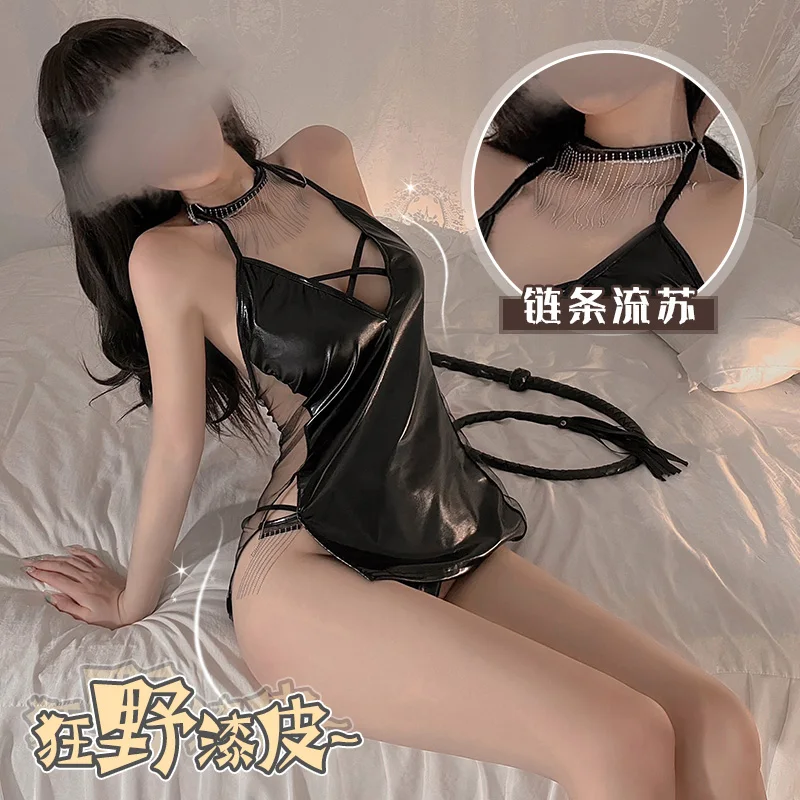 18+ Adult Sexy Lingerie Lingerie Temptation uniform Chain tassel patent leather lace-up through gauze skirt Passion Suit 6987