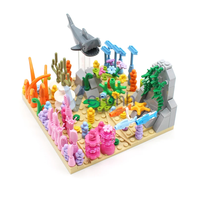 Diving Deep Coral Reef Model Set 216 PCS MOC Building Block Shark Seaweed Grass Plants Underwater World Nature Scenes Bricks Toy