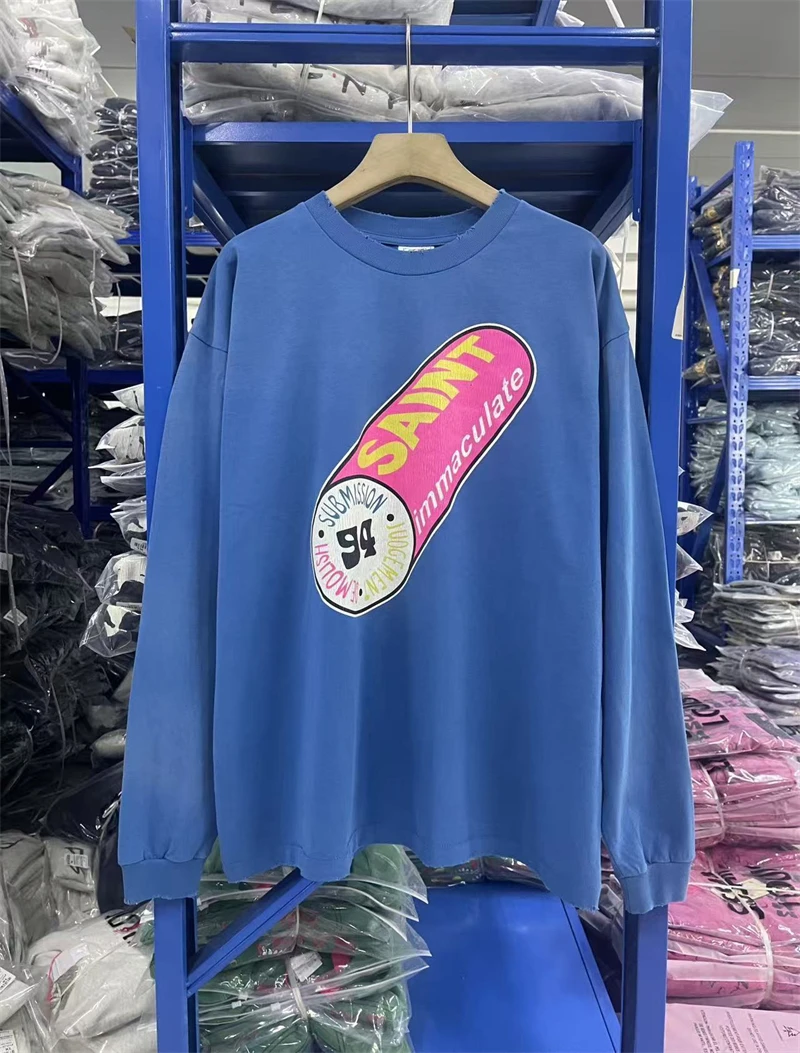

High Street Washed SAINT 25AW Pill Pattern Print Винтажная футболка с длинными рукавами и принтом разрушения Повседневная свободная хлопковая футболка большого размера