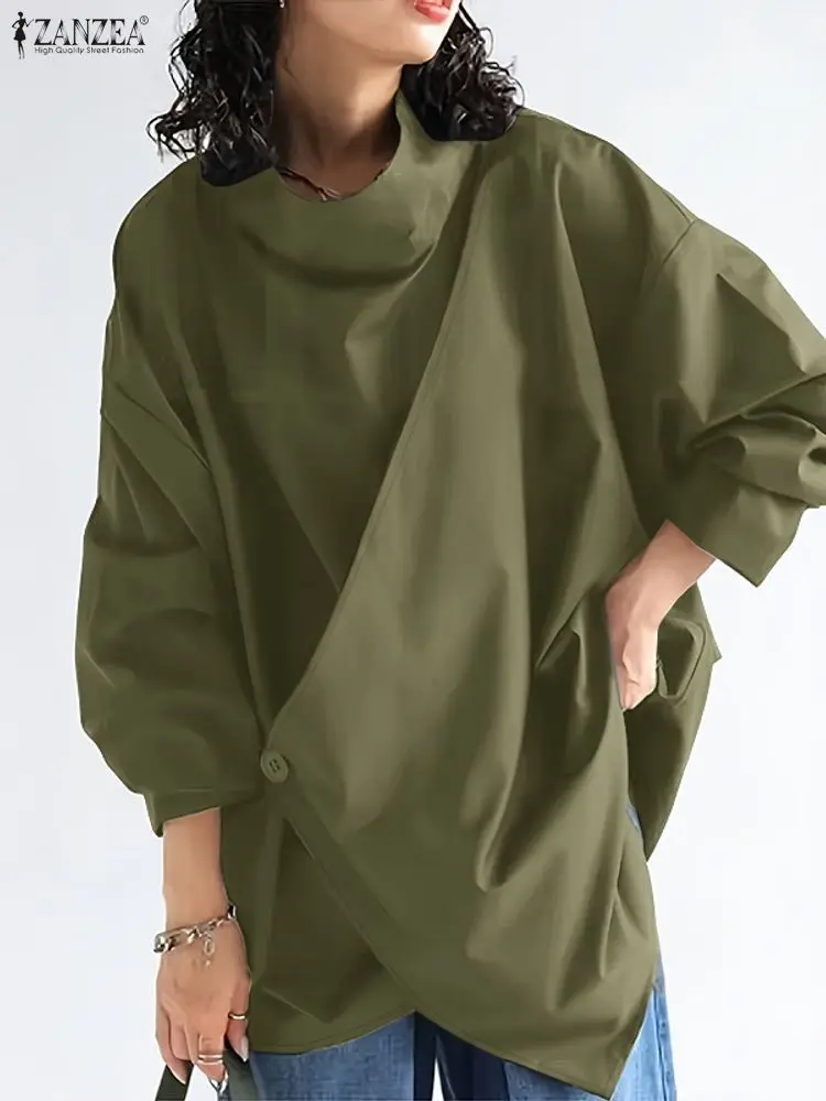 2025 ZANZEA Stylish Autumn Blouses Women Turtleneck Tops Elegant Long Sleeve Office Work Shirt Solid Irregular Blusas Oversize
