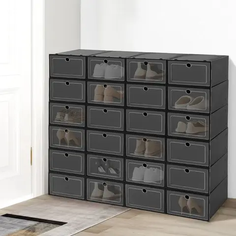 24-Pack Large Black Flip-Top Shoe Boxes - Stackable Clear Closet Organizer Storage Containers for Men & Women - Shoe Organizer