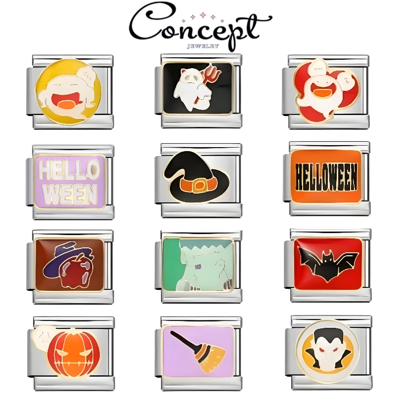 

2025 Fashion Halloween Ghost Pumpkin Bat Italian Charms Links Fit 9mm Stainless Steel Modular Bracelet DIY Making Jewelry