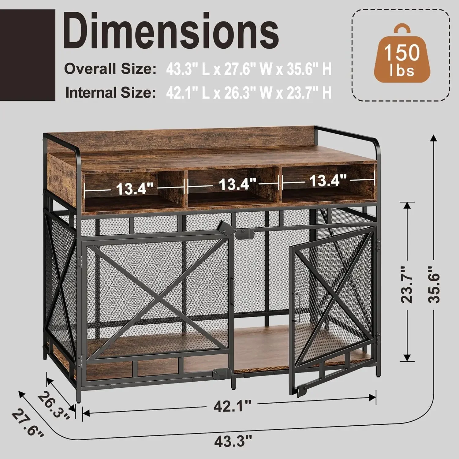 Dog Crate Furniture,Wooden  Crate End Table,43 Inch Dog Kennel,Heavy Duty Dog Crate, Crate Cage for Indoor (Rustic Brown)