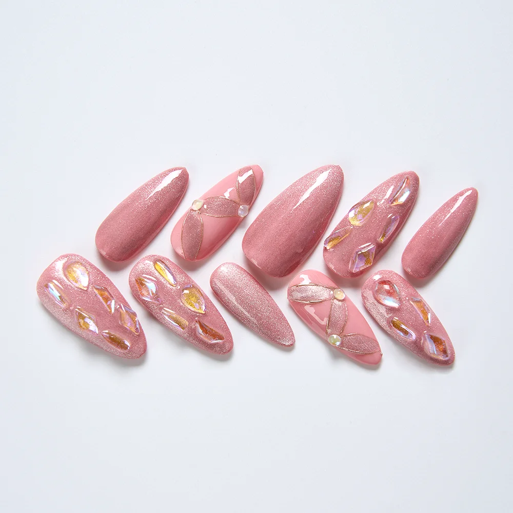 10Pcs Handmade Glossy Long Almond Press On Nail Pinkish False Nail With Rhinestone Reusable Fake Nails For Women Valentine's Day