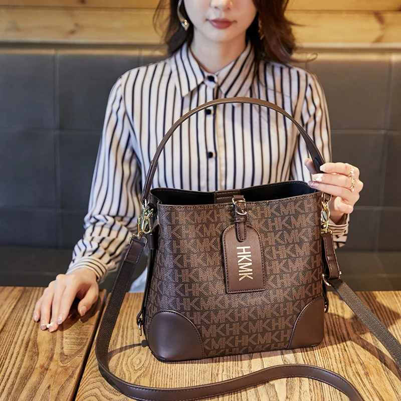 

ELLOVADO Monogram Leather Women Bucket Handbags Female Fashion Large Capacity Shoulder Bags Side Bag For Ladies Purse Tote Pouch