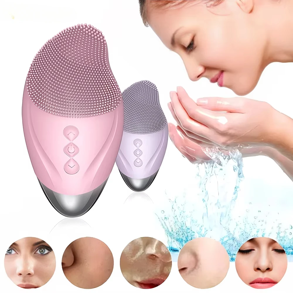 Limpador facial ultrassônico elétrico, sem fio, à prova d'água, silicone, limpeza dos poros, escova facial, massagem de beleza, dispositivo de introdução