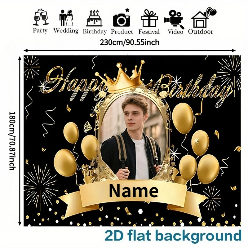 2D FLAT 1pc Custom Studio Props Banner with Personalized Photos & Name Text, Black & Gold Theme, Ideal for Family Gatherings view 3