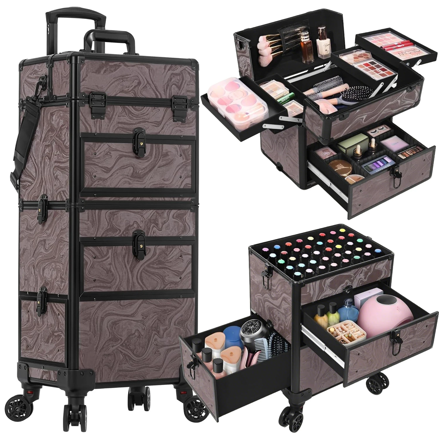 Rolling Makeup Cases with 3 Drawers Cosmetology Luggage on Wheels 5IN1 Makeup Train Case Make Up Organizer for Artist Salon Nail