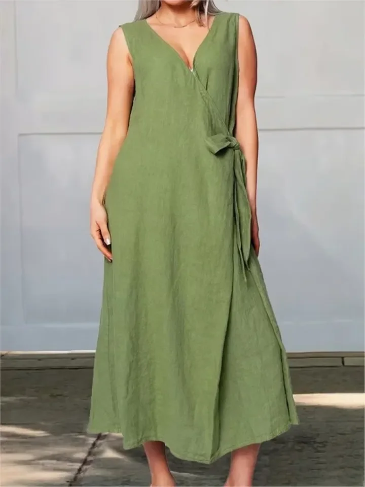 여성용 솔리드 루즈 드레스 캐주얼 섹시 브이넥 민소매 스파게티 스트랩 레이스업 드레스 여성 패션 휴가 여성 의류 신상품