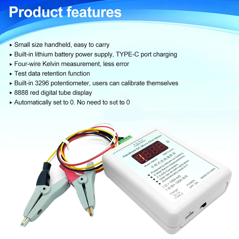 YMC01 Handheld High Precision Milliohm Meter 4Wires OhmMeter Wireline Resistance Detecting Low Resistance Micro Resistance Meter